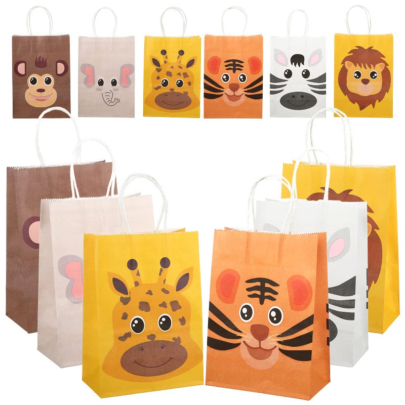 GWHOLE 12 Pack Jungle Animal Themed Candy Goodie Bags, Kraft Paper Treat Bags with Handles for Baby Shower Kids Birthday Party Safari Favors - Image 1